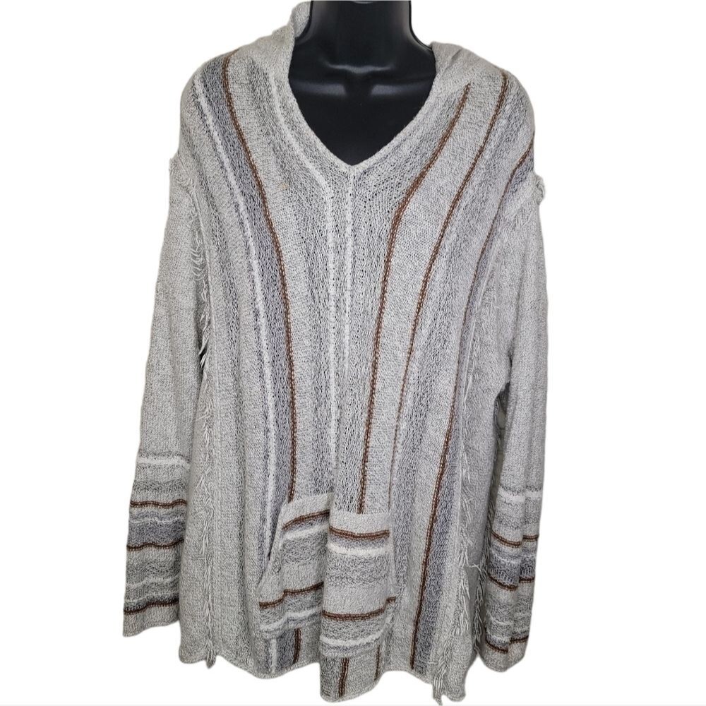 Nic + Zoe hooded striped Baja poncho sweater size XL